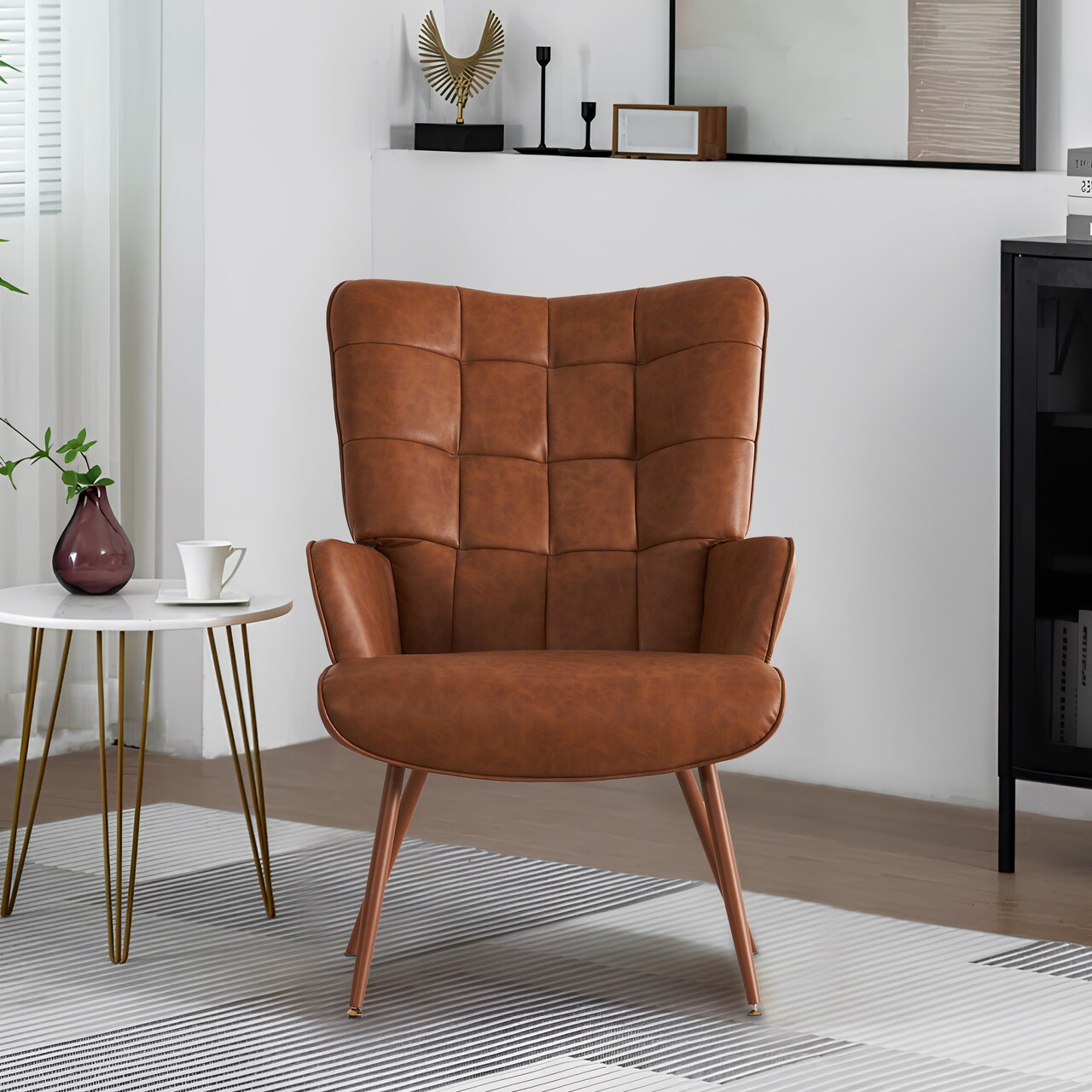 Faux Leather Accent Chair Upholstered High Backrest Arm Chair With Solid